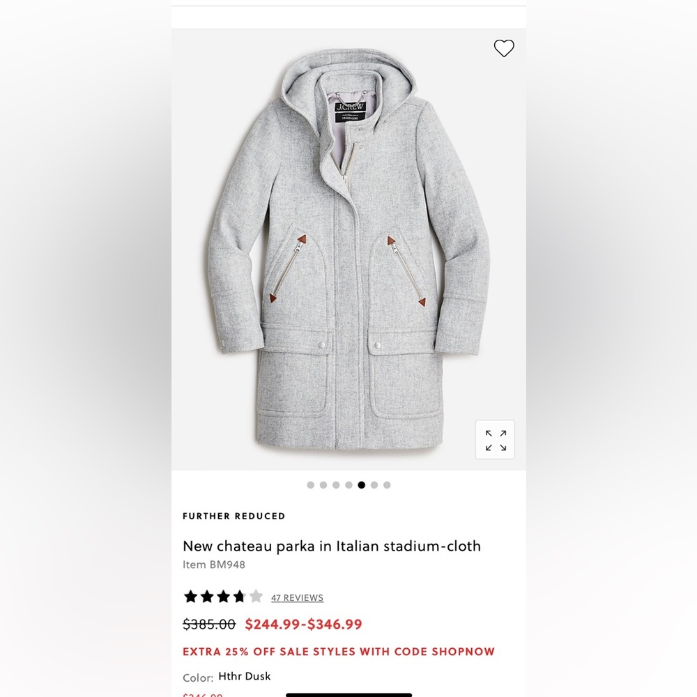 BNWT J.Crew New Chateau Parka in Italian Wool Stadium Cloth Size 10